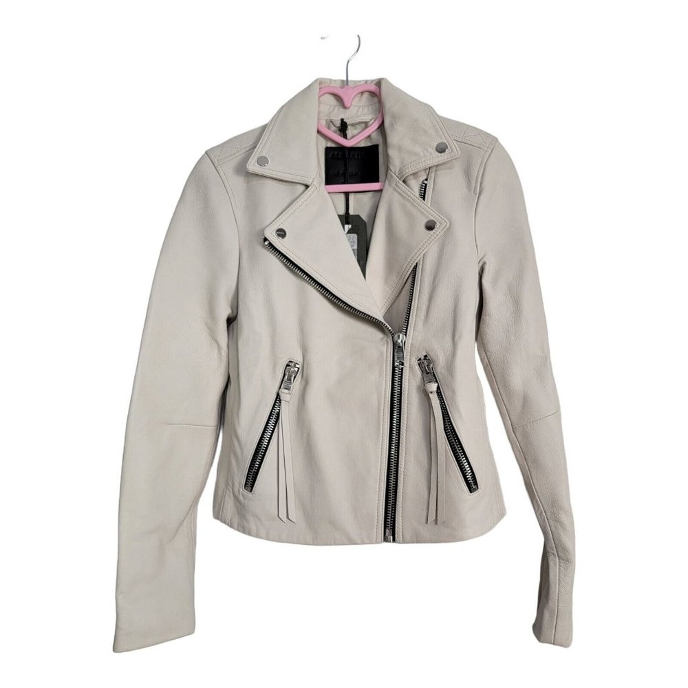 AllSaints Women's US 0 Dalby Leather Biker Jacket Cloud Burst Off White Moto